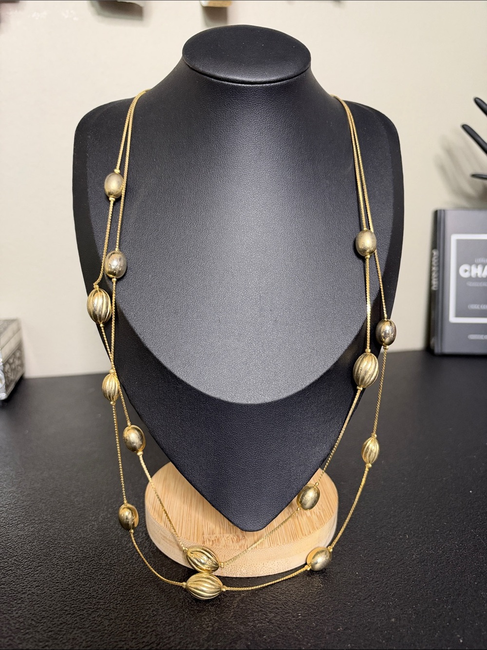 Vintage Korea Elegant Gold Tone Multi-Bead Long Necklace